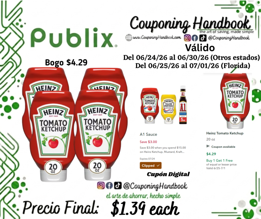 Heinz Tomato Ketchup 20 oz por $1.39