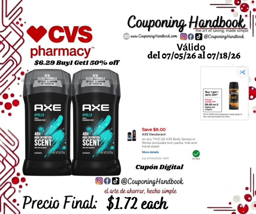 AXE 48-Hour Deodorant Stick, Apollo, 3 OZ por $1.72