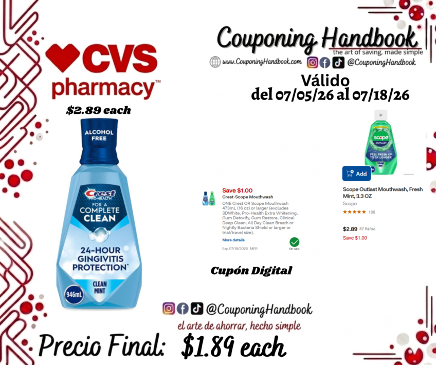 Crest Pro-Health Multi-Protection Mouthwash, Clean Mint, 3.3 OZ por $1.89