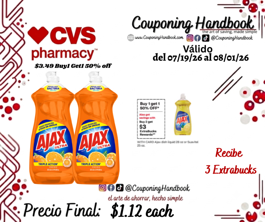 Ajax Ultra Triple Action Liquid Dish Soap 28 oz por $1.12