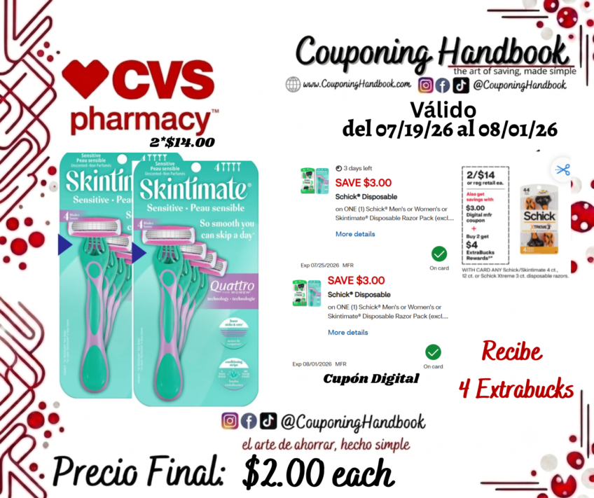 Skintimate Sensitive Skin 4-Blade Disposable Razors, 4 CT por $2.00