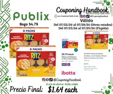 Ritz RITZ Cheese Sandwich Crackers, Lunch Snacks, 8 Snack Packs por $1.64