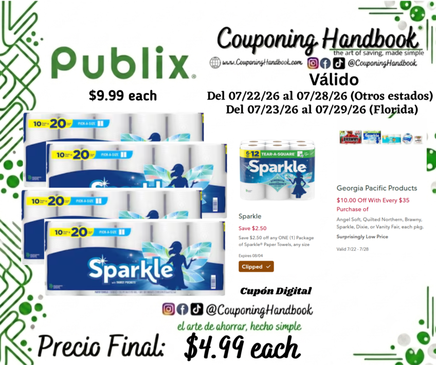 Sparkle Paper Towels, Pick-A-Size, Double Rolls, 2-Ply 10 rolls por $4.99