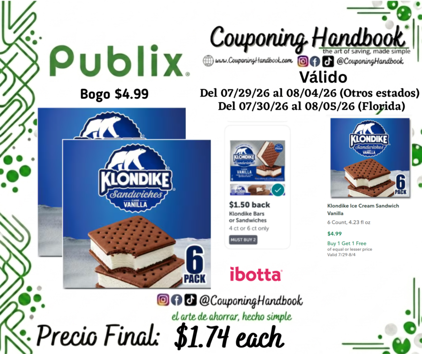 Klondike Ice Cream Sandwich Vanilla 6 Count por $1.74
