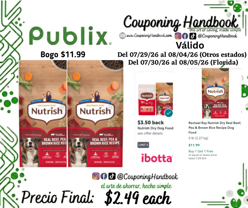 Rachael Ray Nutrish Dry Real Beef, Pea & Brown Rice Recipe Dog Food 5 lb por $2.49