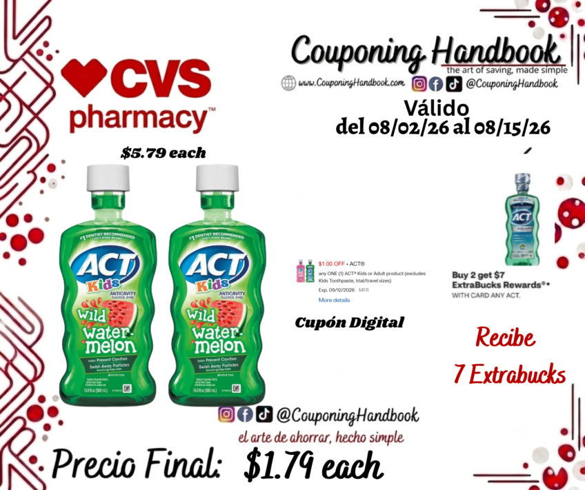 ACT Kids Anticavity Fluoride Rinse, Watermelon, 16.9 OZ por $1.79
