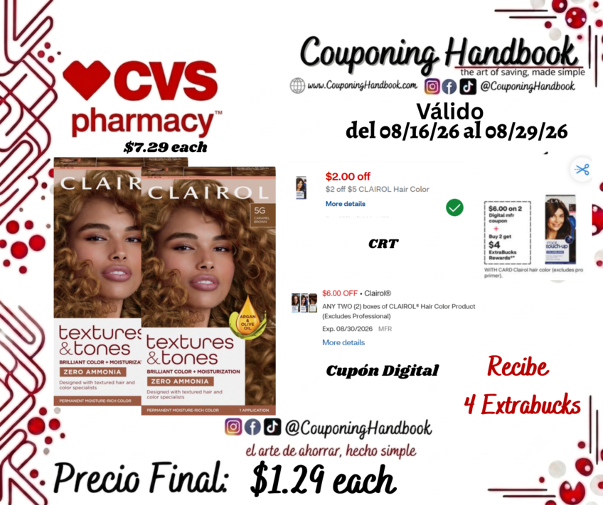 Clairol Textures & Tones Permanent Hair Dye por $1.29