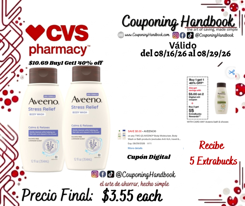 Aveeno Stress Relief Body Wash, Lavender, 12 Ounces por $3.55