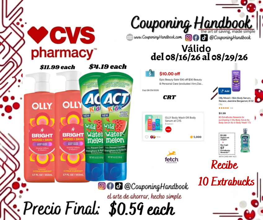 Olly Mood + Skin Body Wash y/o ACT kids Toothpaste por $0.59