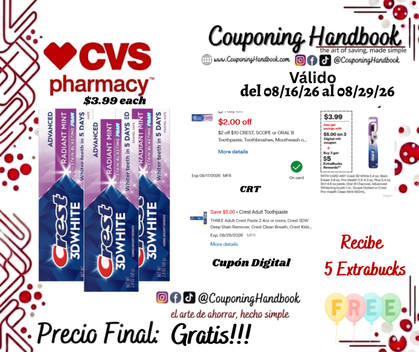03 Crest 3D White Fluoride Anticavity Whitening Toothpaste, Radiant Mint, 2.4 OZ Gratis