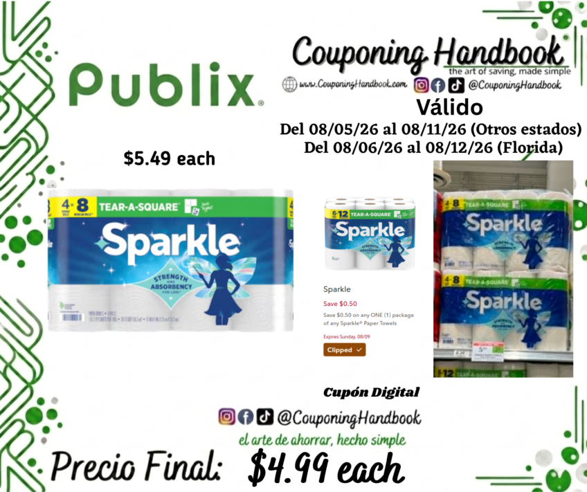 Sparkle Tear-A-Square White 2-Ply Double Rolls Paper Towels 4 rolls por $2.99