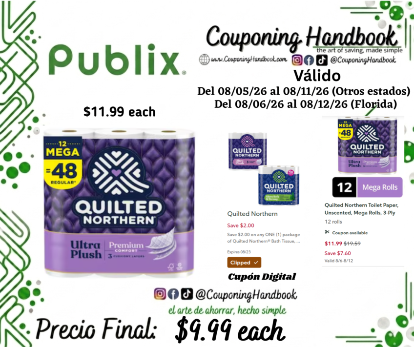 Quilted Northern Toilet Paper, Unscented, Mega Rolls, 3-Ply 12 rolls por $9.99