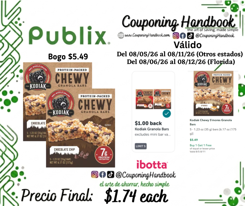 Kodiak Chewy Chocolate Chip Granola Bars por $1.74