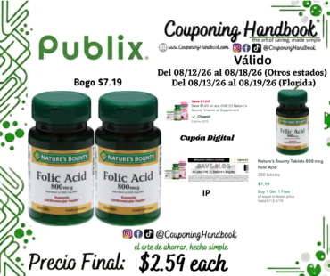 Nature’s Bounty Tablets 800 mcg Folic Acid 250 tablets por $2.59