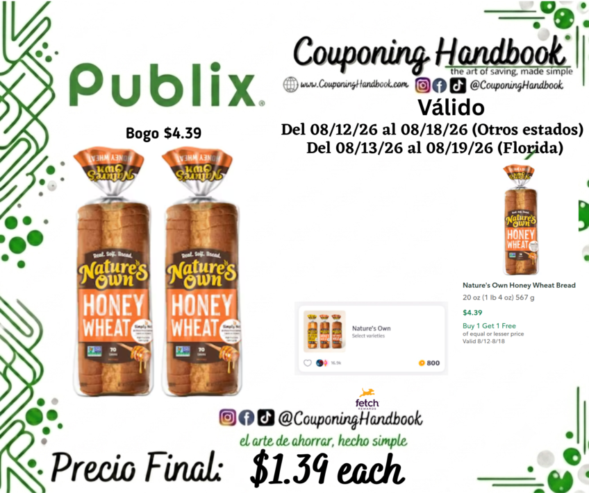 Nature’s Own Honey Wheat Bread por $1.39