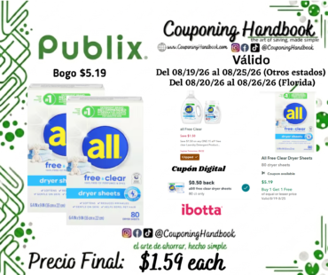 All Free Clear Dryer Sheets 80 dryer sheets por $1.59