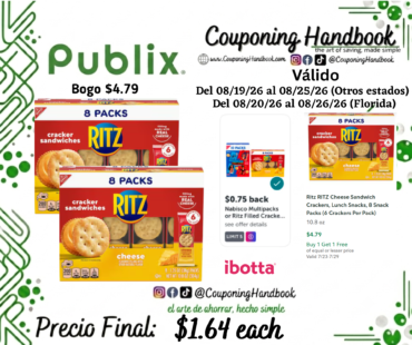 Ritz RITZ Cheese Sandwich Crackers, Lunch Snacks, 8 Snack Packs por $1.64