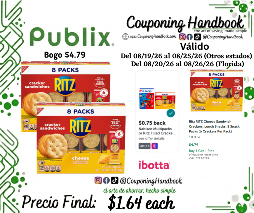 Ritz RITZ Cheese Sandwich Crackers, Lunch Snacks, 8 Snack Packs por $1.64