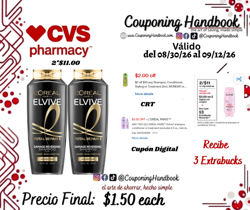L’Oreal Paris Elvive Shampoo/conditioner 12.6 OZ por $1.50