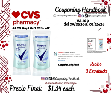 Degree 72-Hour Motionsense Antiperspirant & Deodorant Stick 2.6 OZ por $1.34