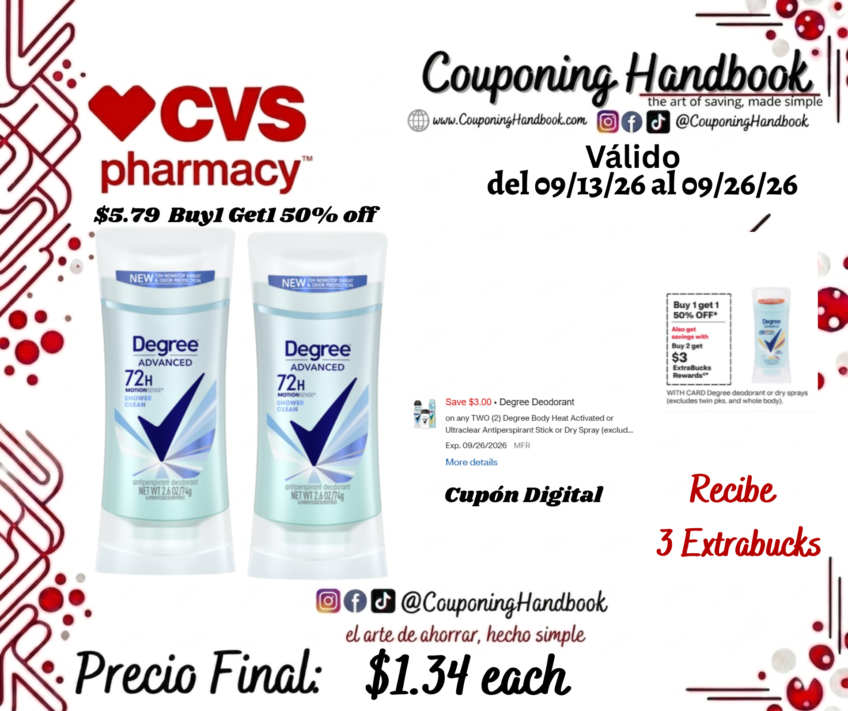 Degree 72-Hour Motionsense Antiperspirant & Deodorant Stick 2.6 OZ por $1.34