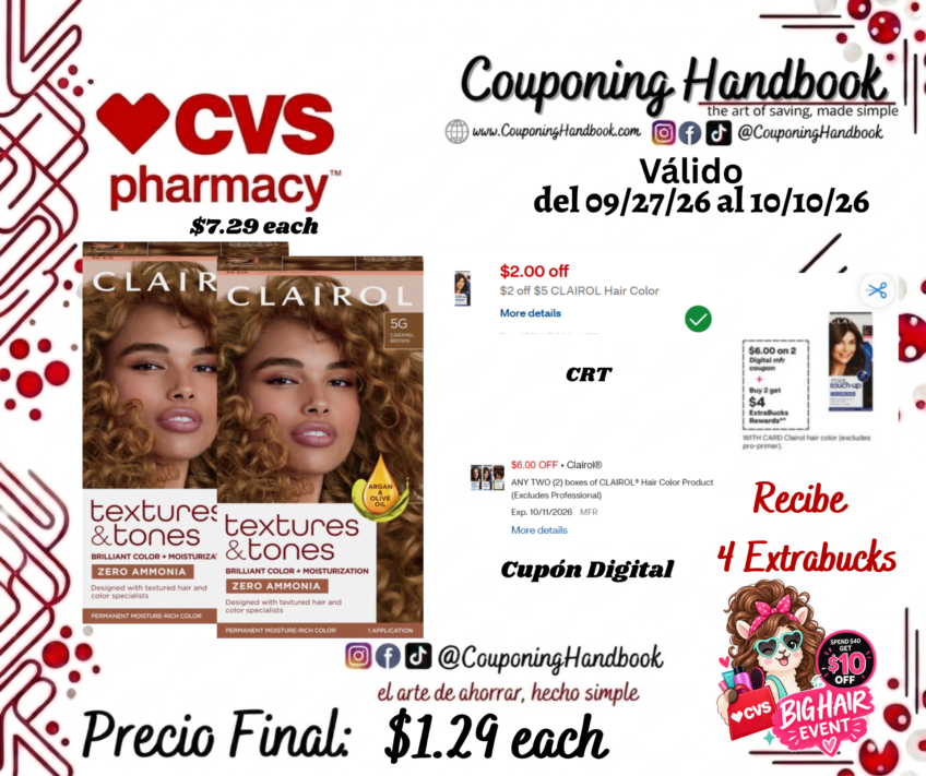 Clairol Textures & Tones Permanent Hair Dye por $1.29