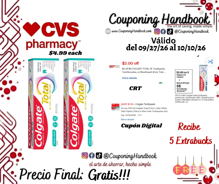 02 Colgate Total Active Prevention Toothpaste, Fresh Mint, 3.3 OZ Gratis