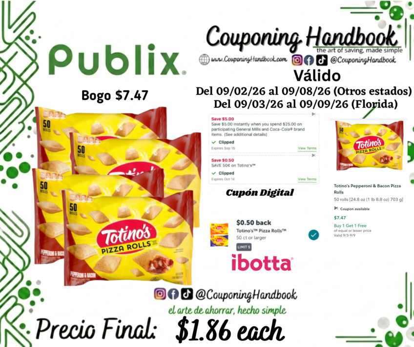 Totino’s Pepperoni & Bacon Pizza Rolls por $1.86