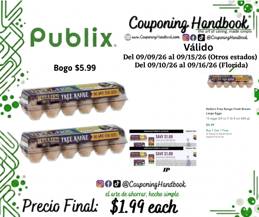 Nellie’s Eggs, Brown, Large, Free Range 12 eggs por $1.99