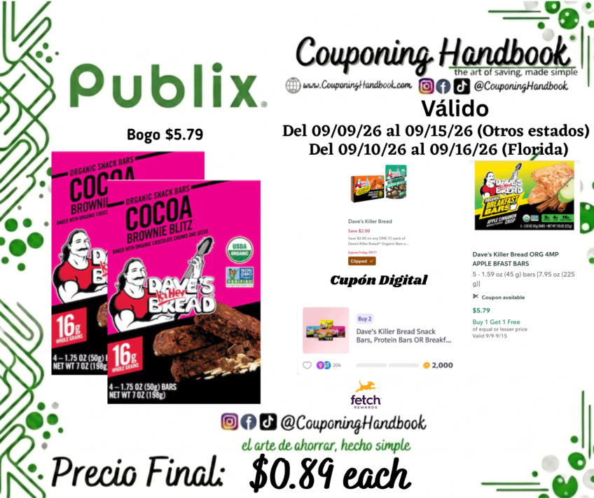 Dave’s Killer Bread Snack Bars, Organic, Cocoa Brownie Blitz por $0.89