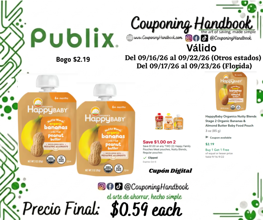 HappyBaby Organics Nutty Blends Stage 2 Organic Bananas with Peanut Butter Baby Food Pouch por $0.59