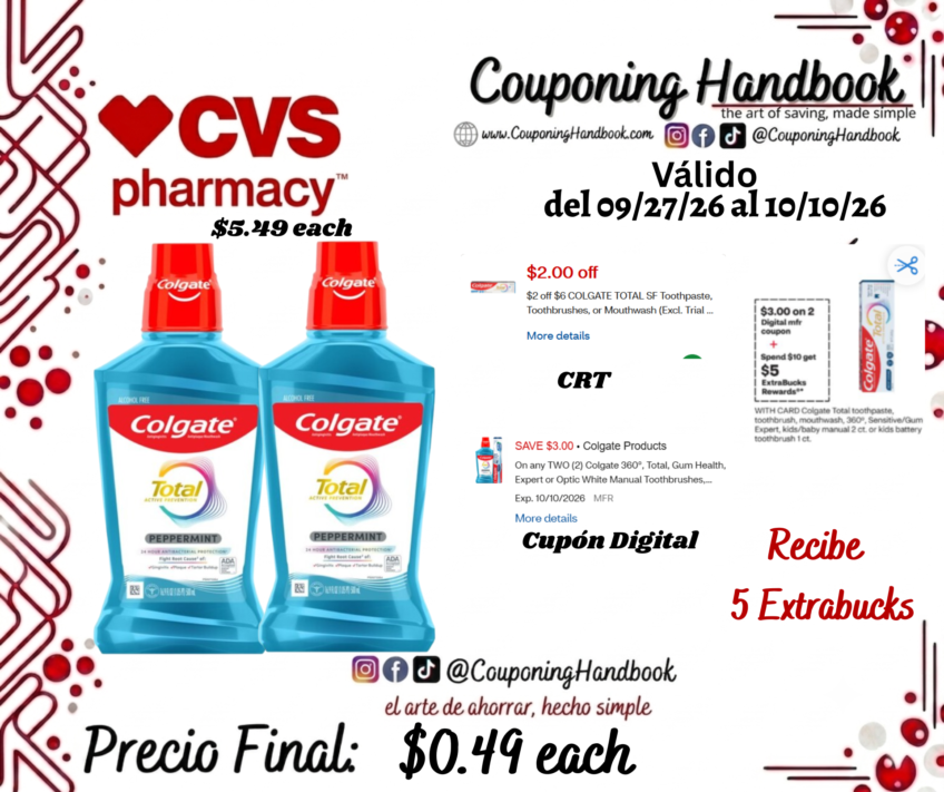 Colgate Total Antigingivitis Antiplaque Mouthwash, Alcohol-Free, Peppermint, 16.9 OZ por $5.49