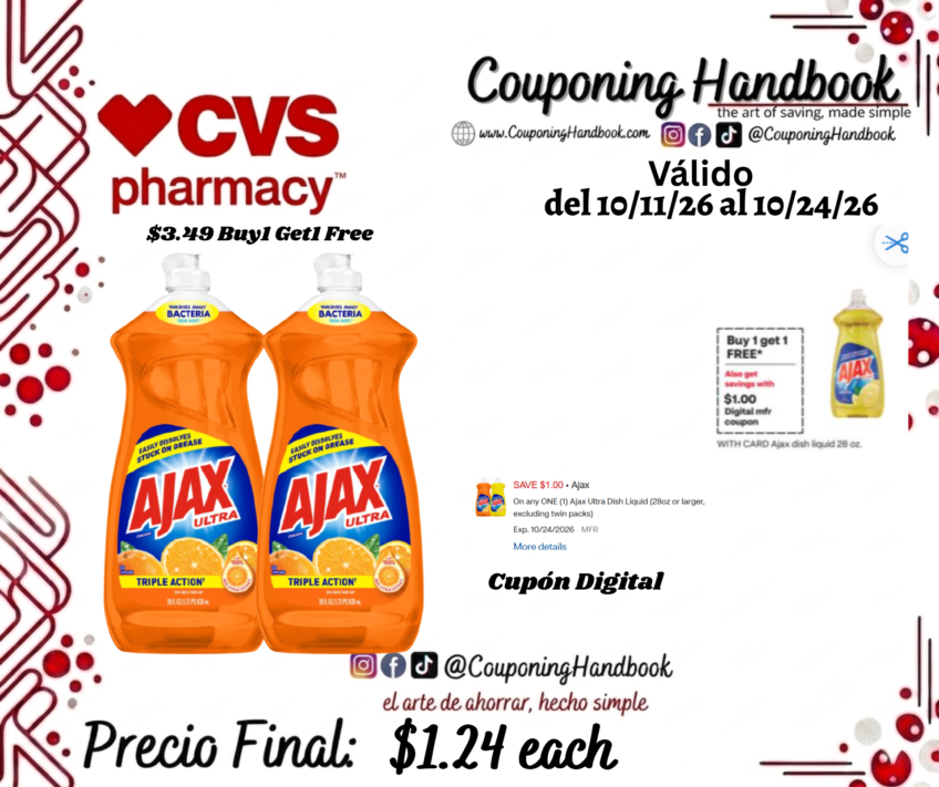 Ajax Ultra Triple Action Liquid Dish Soap 28 fl oz por $1.24