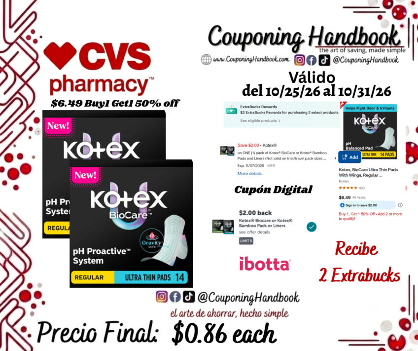 Kotex BioCare Ultra Thin Pads With Wings, Regular Absorbency, 14 CT por $0.86