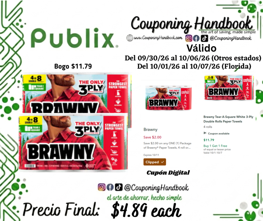 Brawny Tear-A-Square White 3-Ply Double Rolls Paper Towels por $4.89