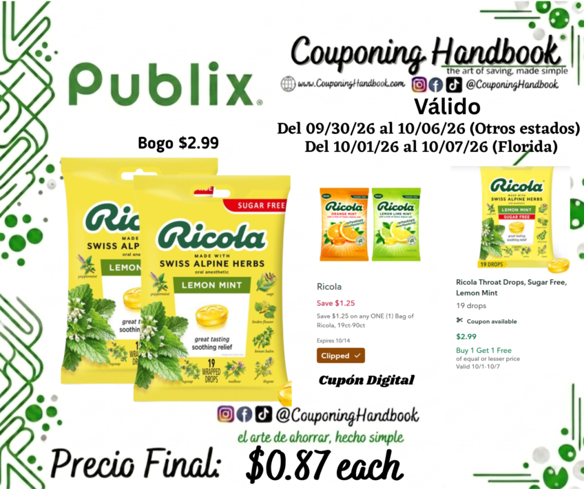 Ricola Throat Drops, Sugar Free, Lemon Mint por $0.87