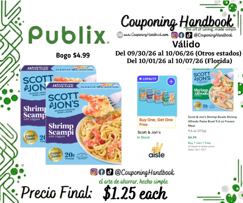 Scott & Jon’s Shrimp Scampi with Linguini Frozen Meal – 9.6 Oz por $1.25