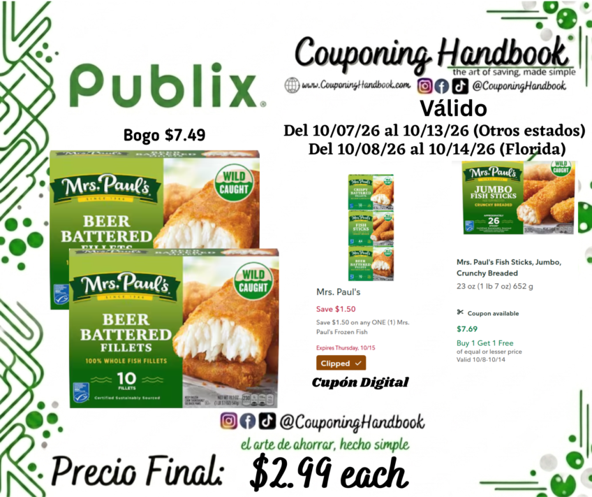 Mrs. Paul’s Beer Battered Fillets por $2.99