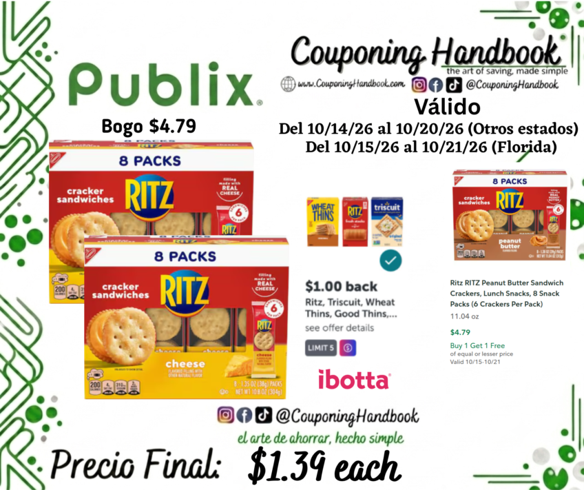 RITZ Cheese Sandwich Crackers, Lunch Snacks, 8 Snack Packs por $1.39