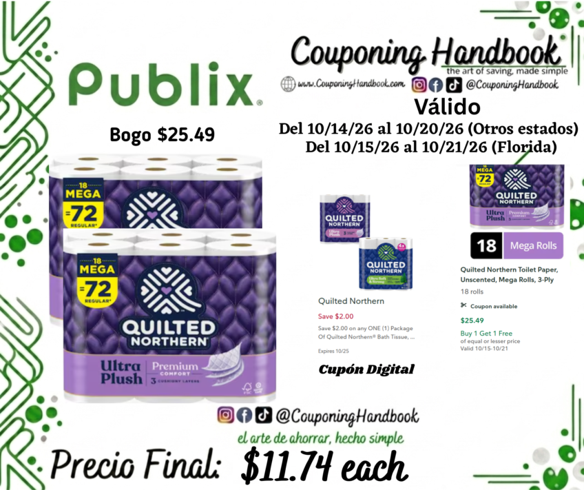 Quilted Northern Toilet Paper, Unscented, Mega Rolls, 3-Ply 18 rolls por $11.74