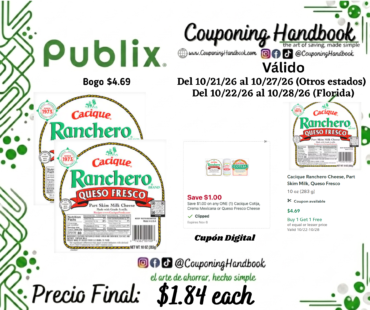 Cacique Ranchero Cheese, Part Skim Milk, Queso Fresco por $1.84